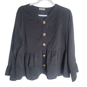 Inherit Tiered Button Up Blouse Women's 1X Black Bell Sleeve Peplum Casual READ‎